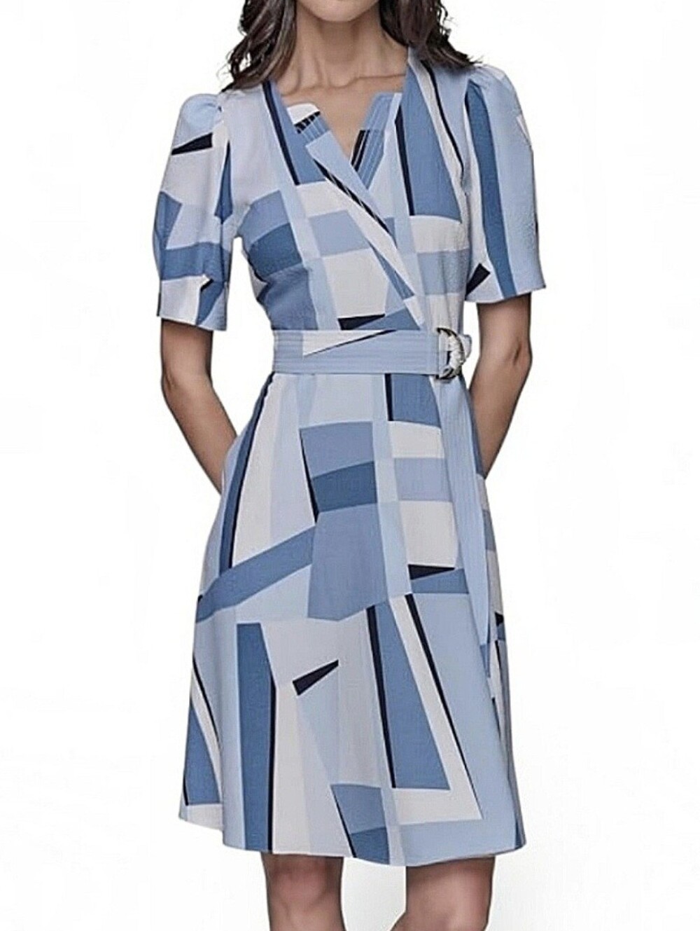 Karl Lagerfeld Paris Blue Geometric Faux Wrap Belted Dress Size 8